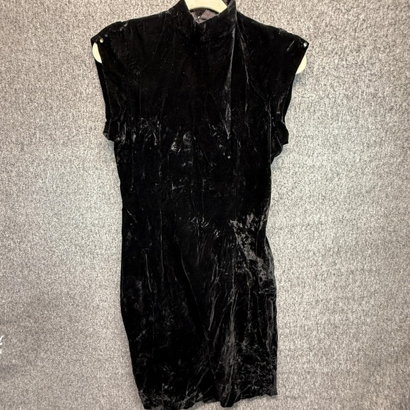 Crushed Velvet Dress Womens Small Medium Black Mock Neck Stretch LBD y2k - Picture 2 of 12
